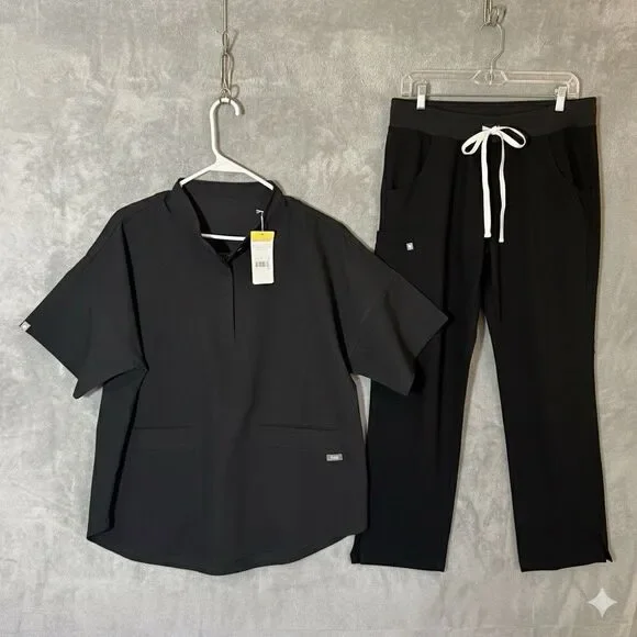 NWT FIGS M Set Ejura Scrub Tunic Top & Kade Cargo Scrub Pants Black Medical Tech - Picture 1 of 16